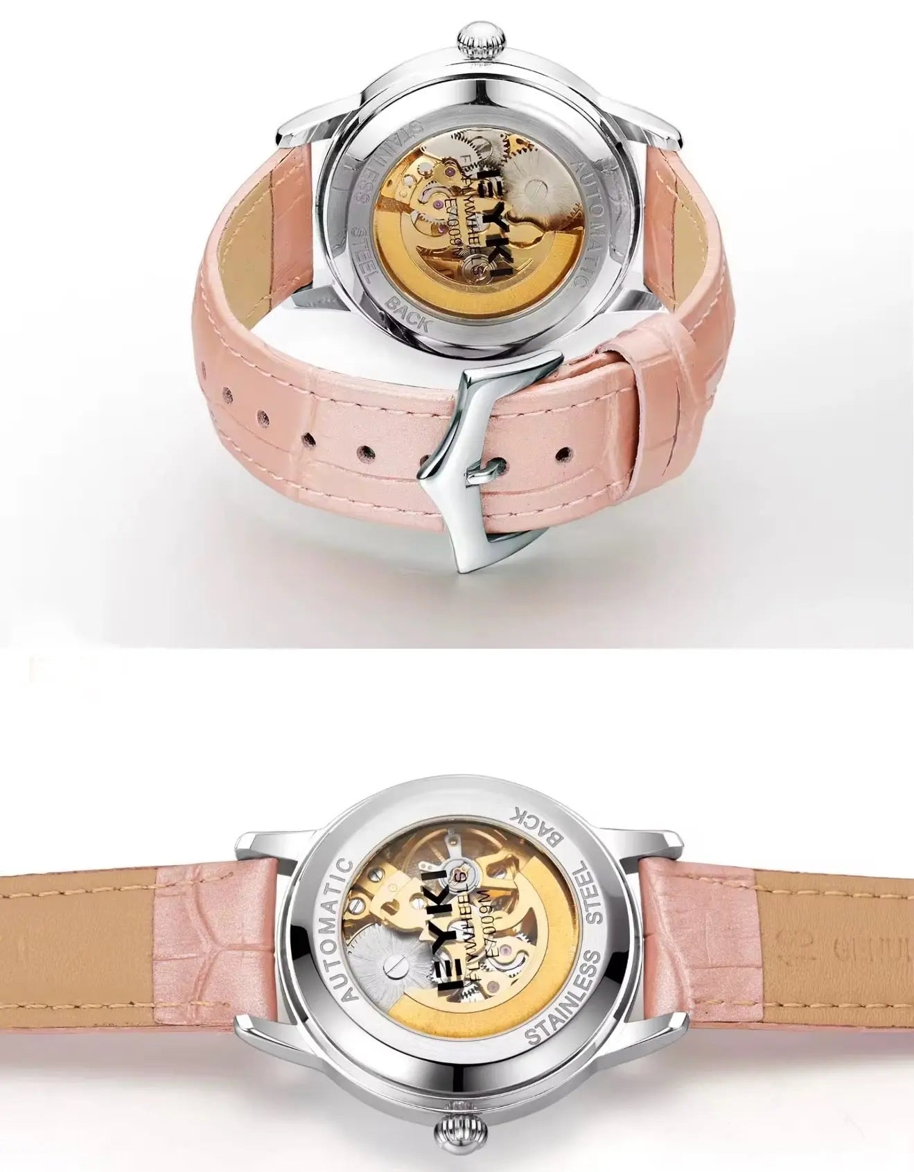 Women's Automatic Watch Luxury Open-Heart Skeleton Dial – 35.2mm Alloy Case, Genuine Leather Strap, 3ATM Waterproof (Pink) OverflyEyki