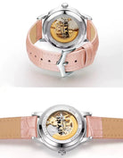 Women's Automatic Watch Luxury Open-Heart Skeleton Dial – 35.2mm Alloy Case, Genuine Leather Strap, 3ATM Waterproof (Pink) OverflyEyki