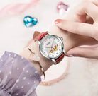 Women's Automatic Watch Luxury Open-Heart Skeleton Dial – 35.2mm Alloy Case, Genuine Leather Strap, 3ATM Waterproof (Red) OverflyEyki