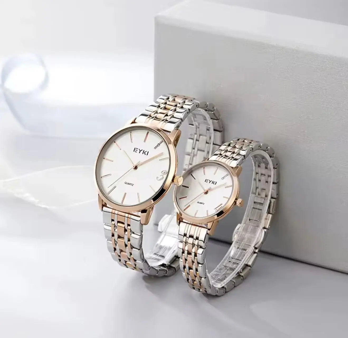 EYKI Couple Watch Set for Men & Women – Stainless Steel Quartz Wristwatches, Waterproof 3ATM OverflyEyki