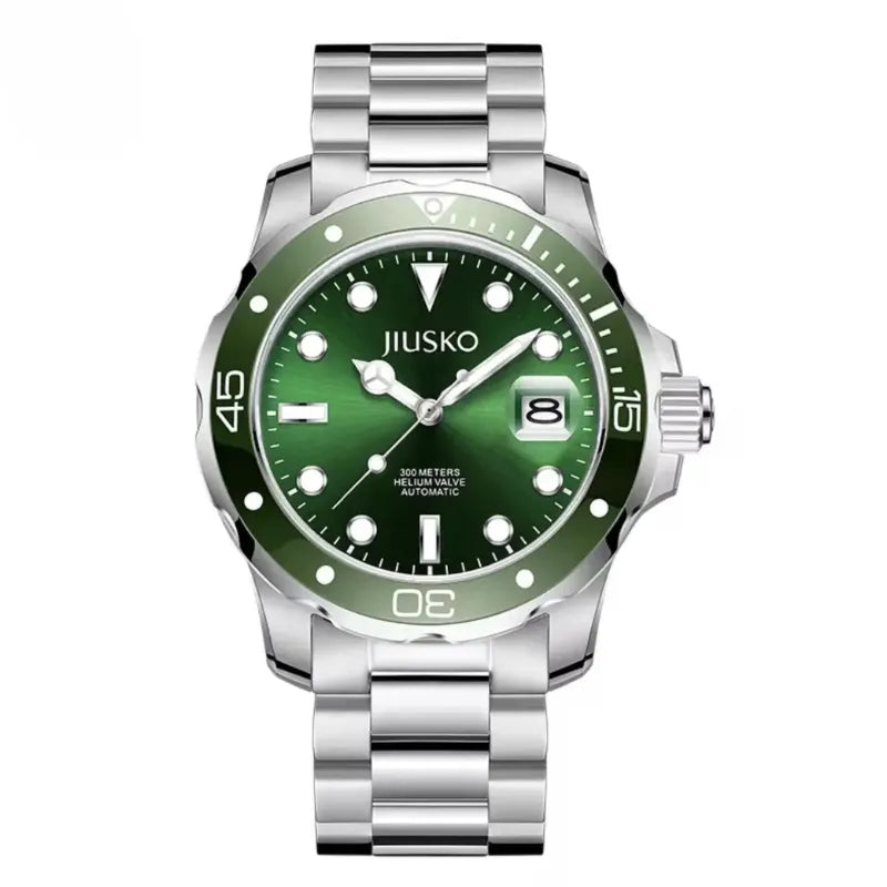 Jusko watch with green dial and silver bracelet on a white background