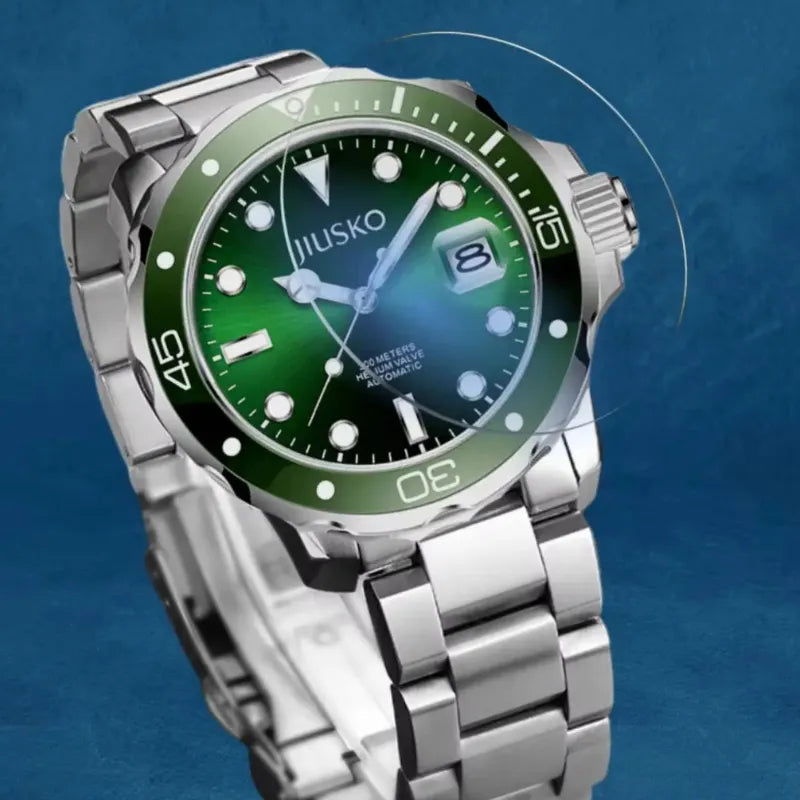 Silver watch with a green face on a blue background