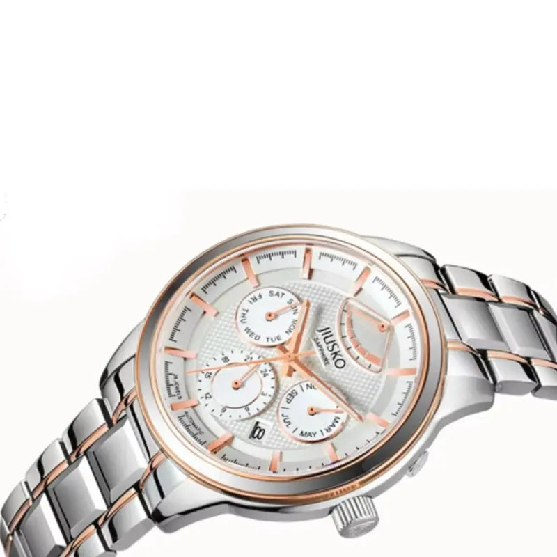 Silver and rose gold watch with detailed face on a white background