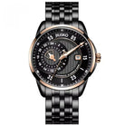 Jiusako watch with black strap and rose gold accents on a white background