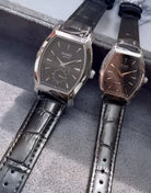 Luxury Couple Watch Set – His & Hers Quartz Wristwatches with Sapphire Crystal, Leather Strap, 3ATM Water Resistant (Black) OverflyEyki