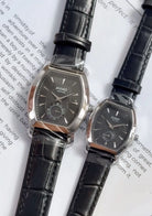 Luxury Couple Watch Set – His & Hers Quartz Wristwatches with Sapphire Crystal, Leather Strap, 3ATM Water Resistant (Black) OverflyEyki