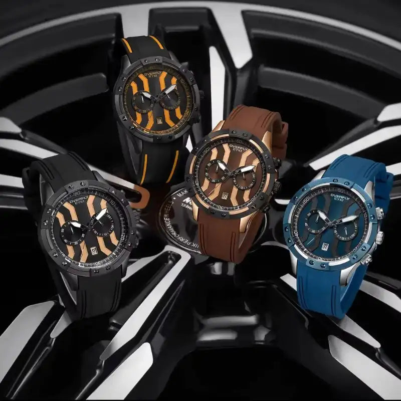 A collection of EYKI luxury quartz watches in black, brown, blue, and yellow silicone straps. Shop affordable watches at our online watch store in Canada.