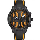 EYKI black silicone strap watch with vibrant orange accents and a bold chronograph dial. Shop affordable watches at our online watch store in Canada.