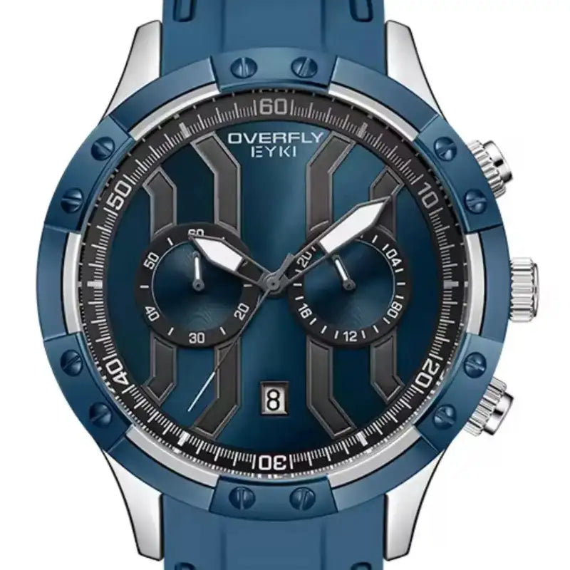 Close-up of the EYKI blue silicone strap watch featuring a matching blue dial and silver bezel accents. Shop affordable watches at our online watch store in Canada.