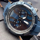 Close-up of an EYKI blue silicone watch featuring a textured dial and silver bezel accents. Shop affordable watches at our online watch store in Canada.