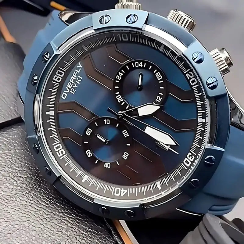 Close-up of an EYKI blue silicone watch featuring a textured dial and silver bezel accents. Shop affordable watches at our online watch store in Canada.