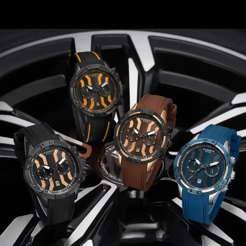A group display of EYKI luxury quartz watches in blue, brown, black, and orange silicone straps. Find affordable watches at our online watch store in Canada.