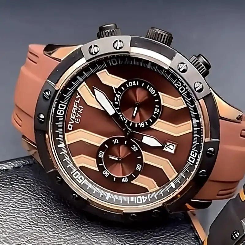 EYKI rose gold and brown silicone strap watch featuring a bold chronograph dial. Shop affordable watches at our online watch store in Canada.