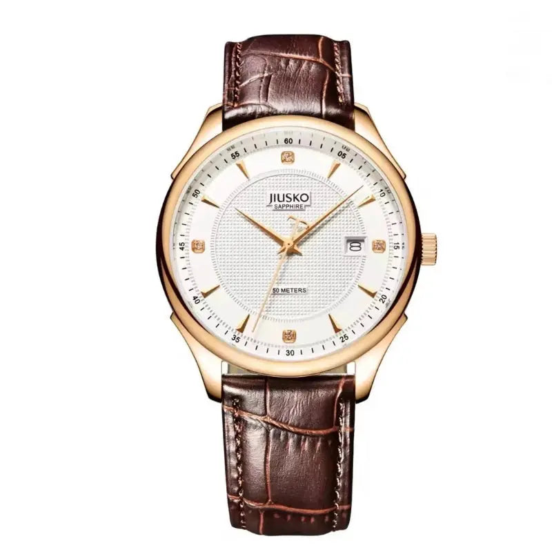 Jusko watch with brown leather strap and gold casing on white background
