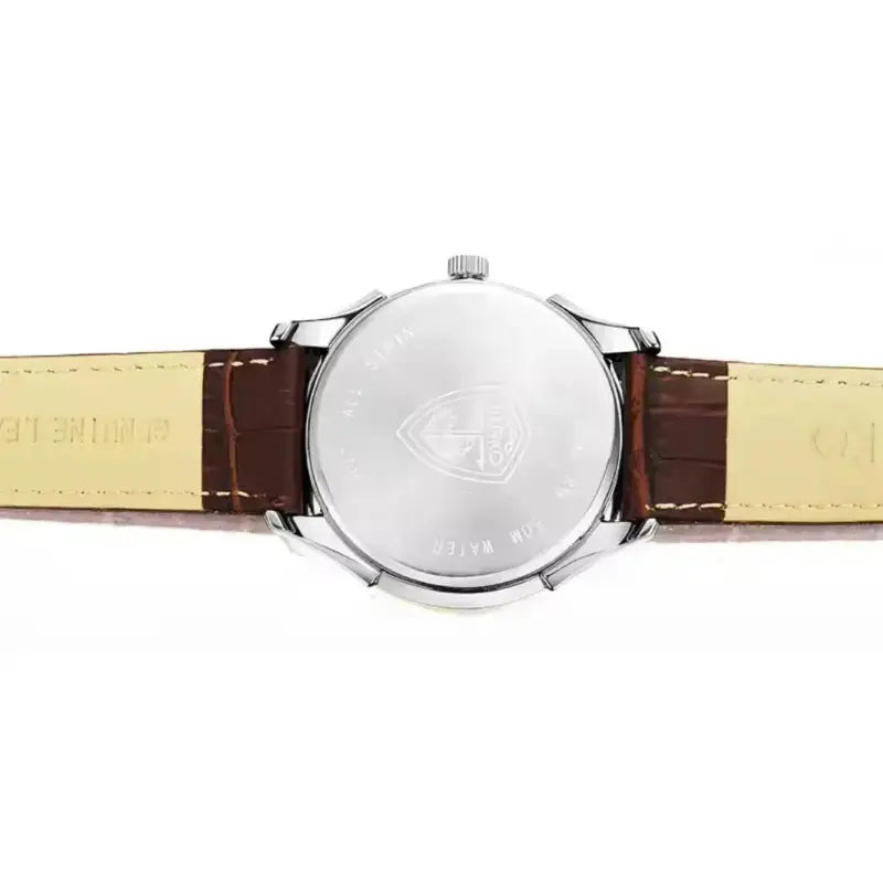 Watch with a brown strap and silver case on a white background