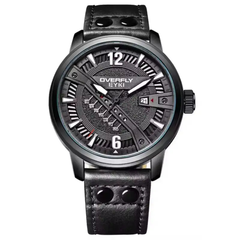 EYKI black leather strap watch for men featuring a textured tactical dial and date function. Shop affordable watches at our online watch store in Canada.