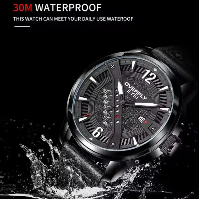 EYKI black leather men's watch featuring a 30m waterproof rating and durable tactical dial. Shop affordable watches at our online watch store in Canada.