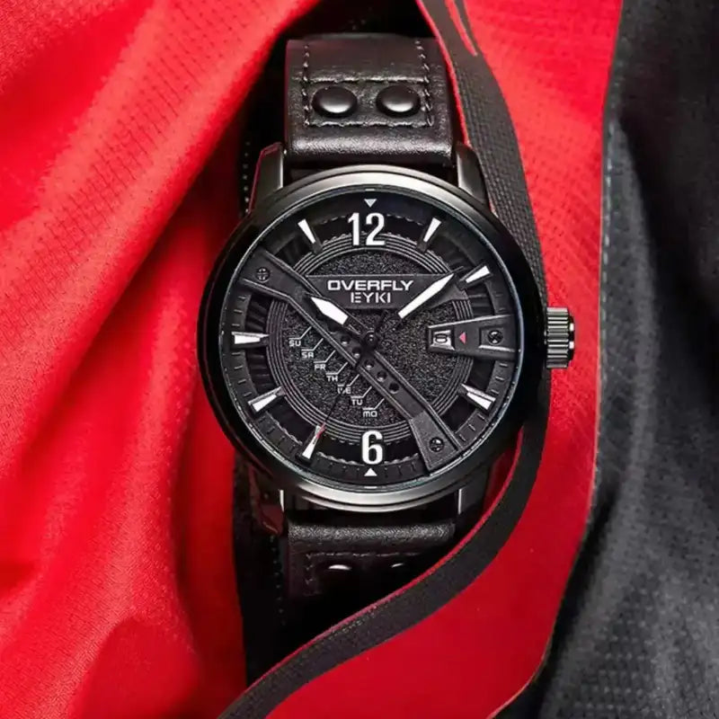 EYKI black leather men's watch set against a vibrant red background, showcasing its rugged tactical design. Shop affordable watches at our online watch store in Canada.