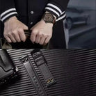 EYKI black leather men's watch with a bold tactical dial and day-date display in a luxury setting. Shop affordable watches at our online watch store in Canada.