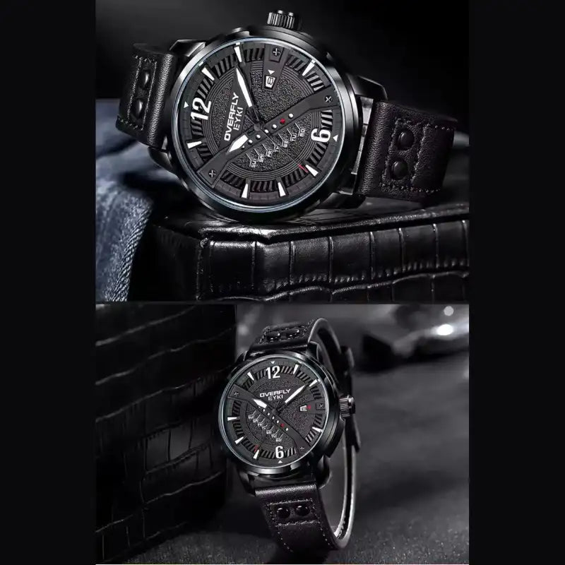 EYKI men's watch worn with a varsity jacket and a view of the genuine black leather straps. Shop affordable watches at our online watch store in Canada.