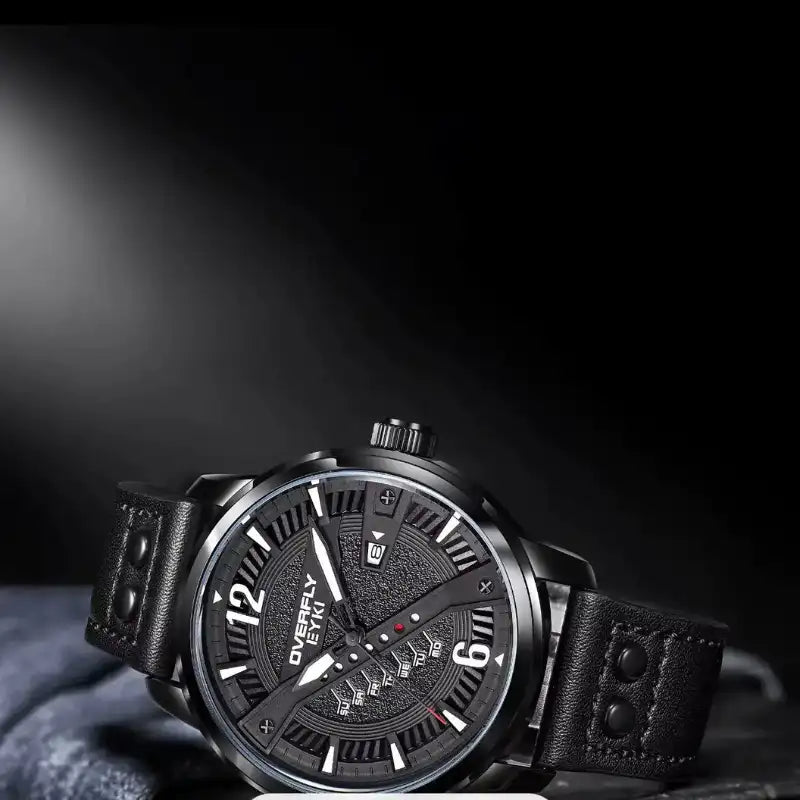 EYKI black leather men's watch featuring a knurled crown and polished black bezel. Find affordable watches at our online watch store in Canada.