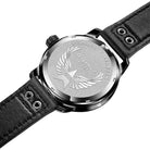 EYKI stainless steel watch back with engraved logo and genuine black leather straps. Find affordable watches at our online watch store in Canada.