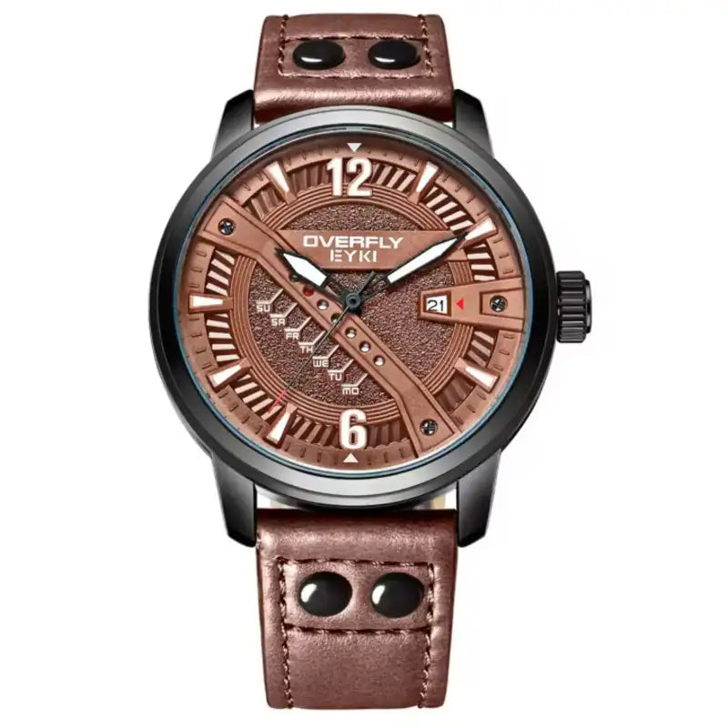 EYKI men's watch with a rich brown leather strap, copper-toned textured dial, and day-date display. Shop affordable watches at our online watch store in Canada.