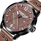 EYKI men's brown leather watch with a detailed copper-textured dial, day-date indicators, and knurled crown. Shop affordable watches at our online watch store in Canada.