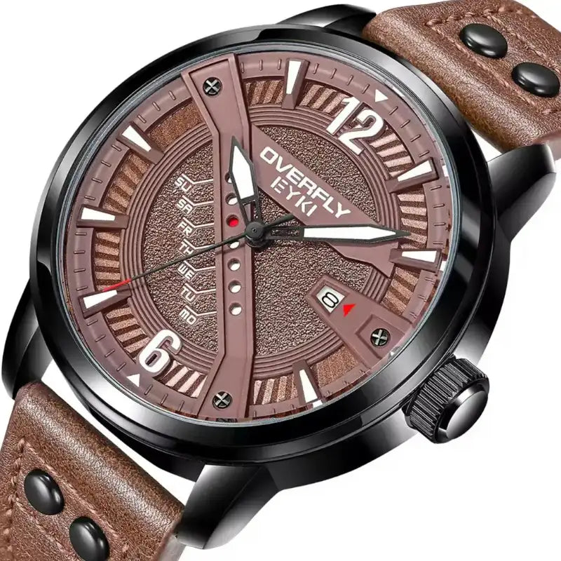 EYKI men's brown leather watch with a detailed copper-textured dial, day-date indicators, and knurled crown. Shop affordable watches at our online watch store in Canada.