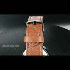 Close-up of the EYKI genuine brown leather strap with a polished black buckle and durable stitching. Find affordable watches at our online watch store in Canada.