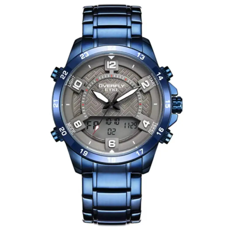 EYKI Overfly multifunctional men’s watch in deep blue stainless steel with digital display. Shop affordable watches at our online watch store in Canada.