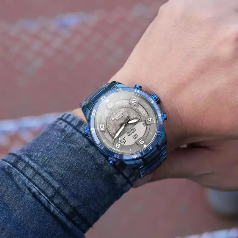 EYKI Overfly multifunctional blue stainless steel men's sport watch on wrist. Shop affordable watches at our online watch store in Canada.