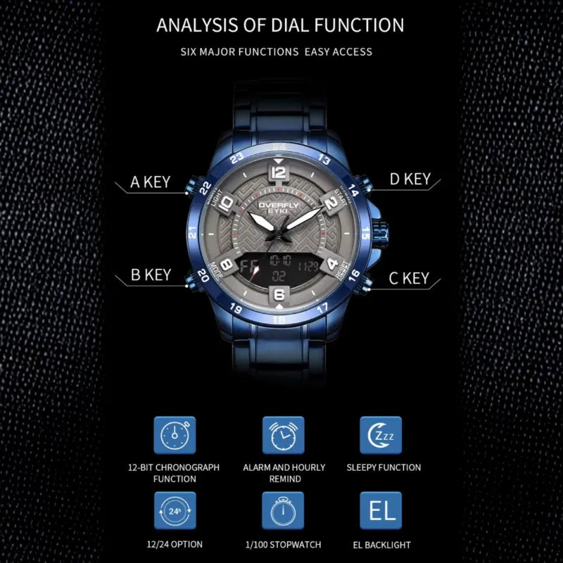 Dial functions of EYKI blue sport watch with chronograph and alarm. Top affordable watches available at our online watch store in Canada.