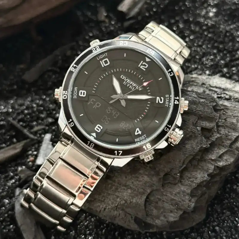 EYKI silver stainless steel watch with tactical black dial and digital features. Affordable watches from our online watch store in Canada.