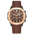 Watch with brown silicon strap and rose gold case on white background