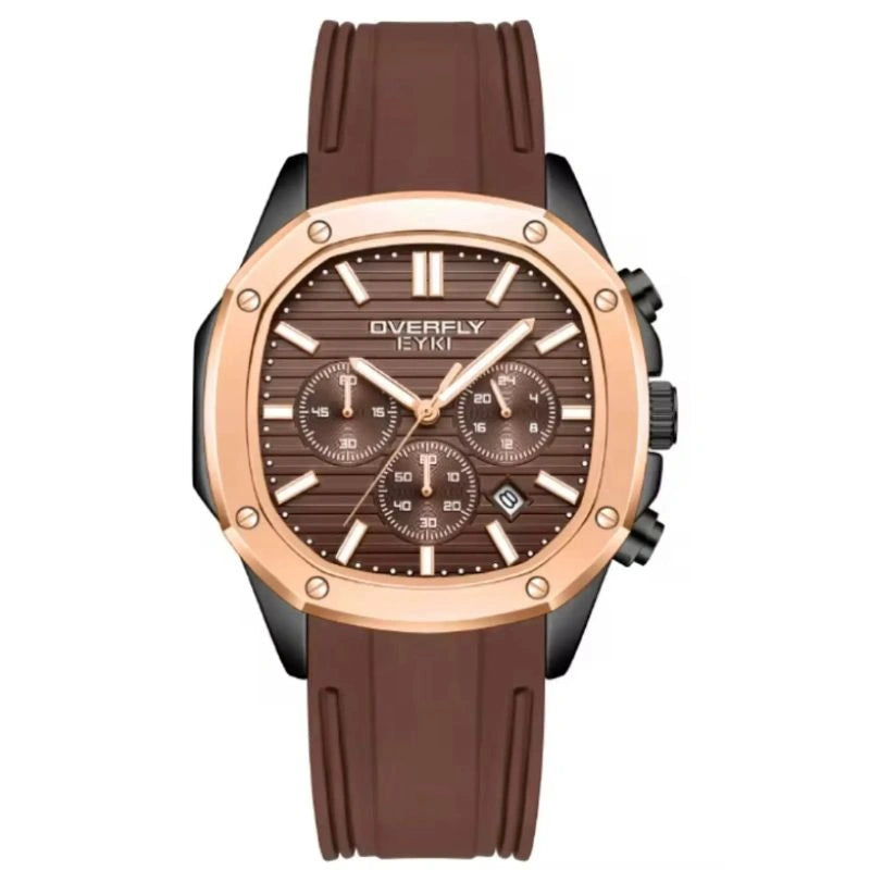 Watch with brown silicon strap and rose gold case on white background
