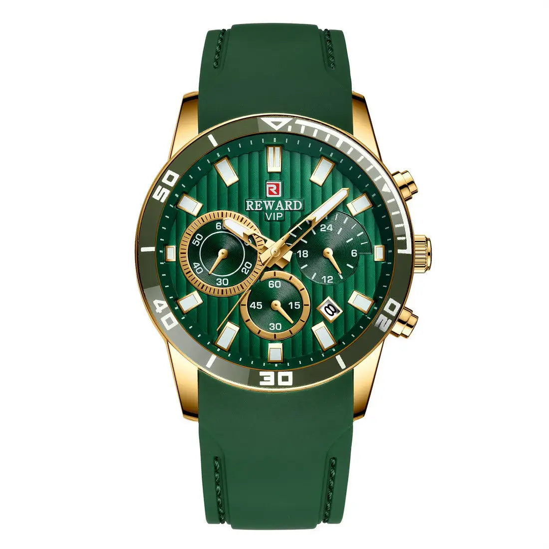 Green watch with gold accents on a white background