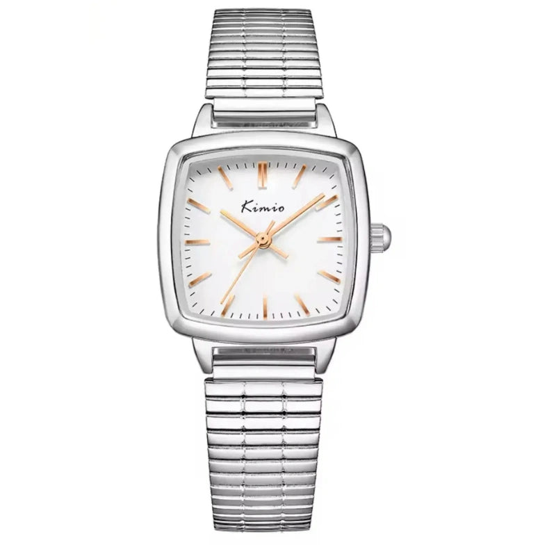 Silver watch with a white face on a white background
