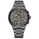 Black wristwatch with detailed face on a white background