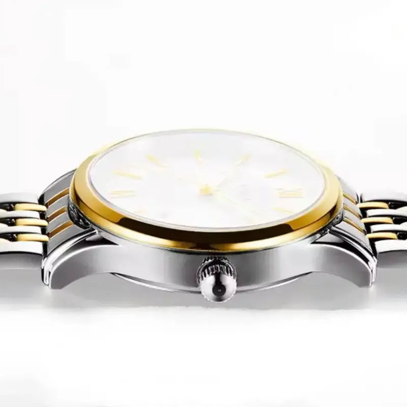Side view of a slim gold-rimmed watch with silver casing. Shop affordable watches at our online watch store in Canada.