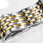 Close-up of a high-quality two-tone gold and silver stainless steel watch strap. Best affordable watches available in Canada.