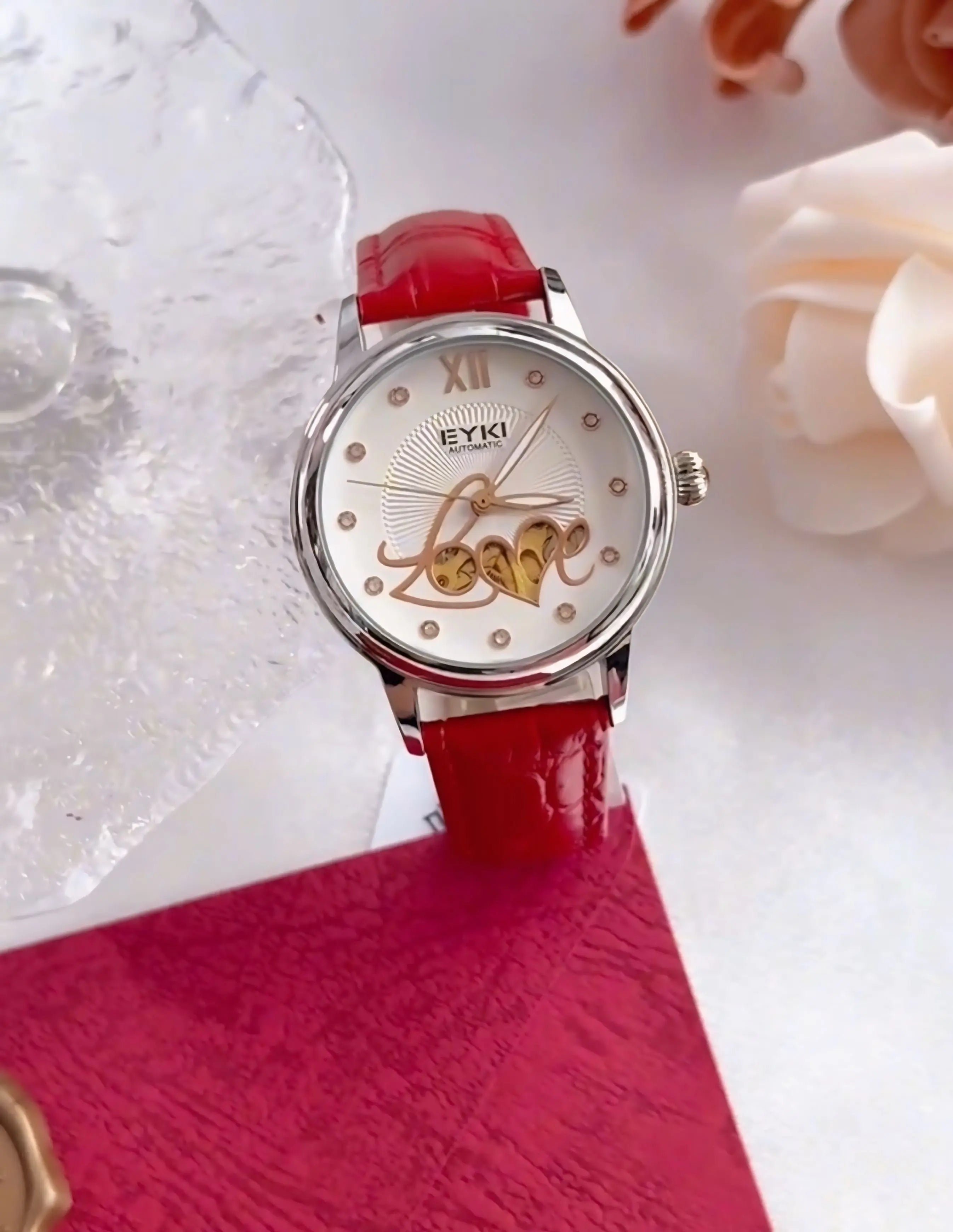 Women's Automatic Watch Luxury Open-Heart Skeleton Dial – 35.2mm Alloy Case, Genuine Leather Strap, 3ATM Waterproof (Red) OverflyEyki