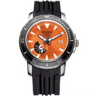 Watch with orange face and black strap on a white background