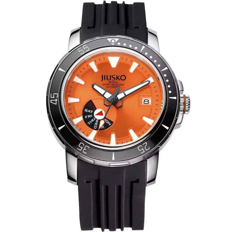 Watch with orange face and black strap on a white background