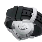 Watch with black strap and silver case on a white background