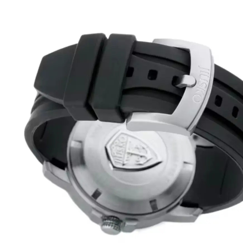 Watch with black strap and silver case on a white background