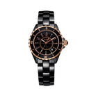 Black and rose gold watch on a white background
