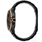 Black and rose gold watch on a white background