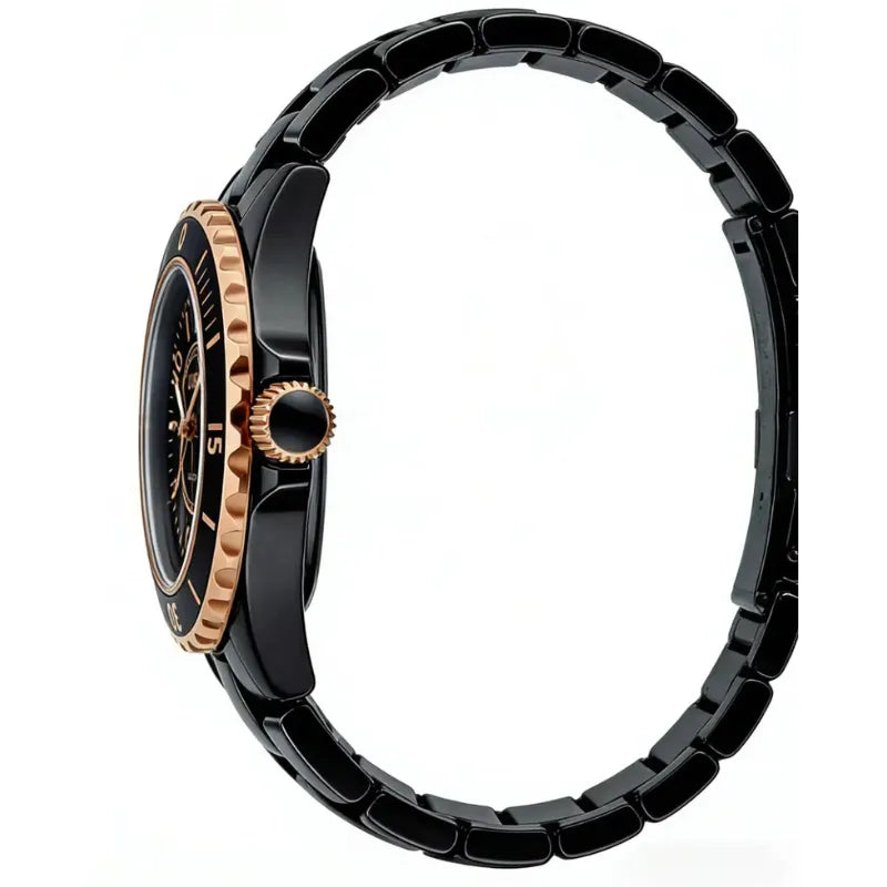 Black and rose gold watch on a white background