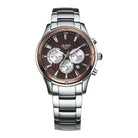 Silver watch with a brown face on a white background